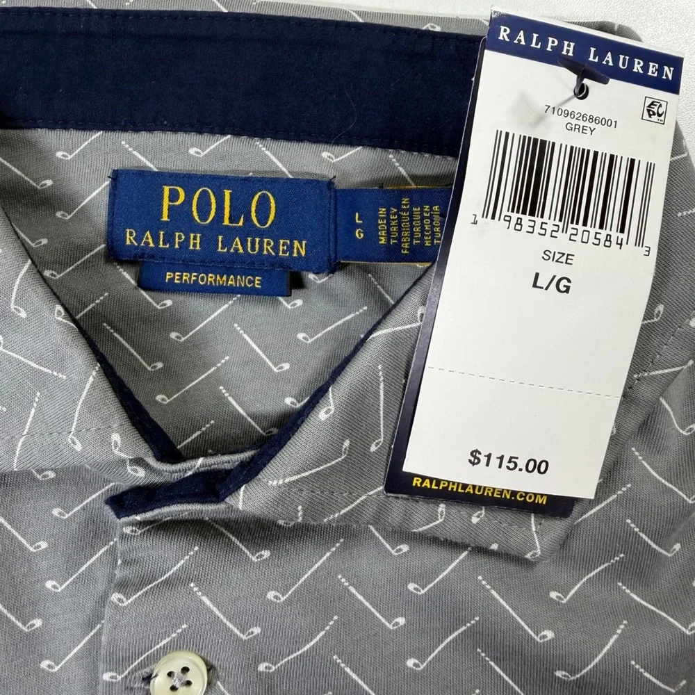 Polo Ralph Lauren Performance Golf Polo Mens L Grey Golf Club Print NWT
